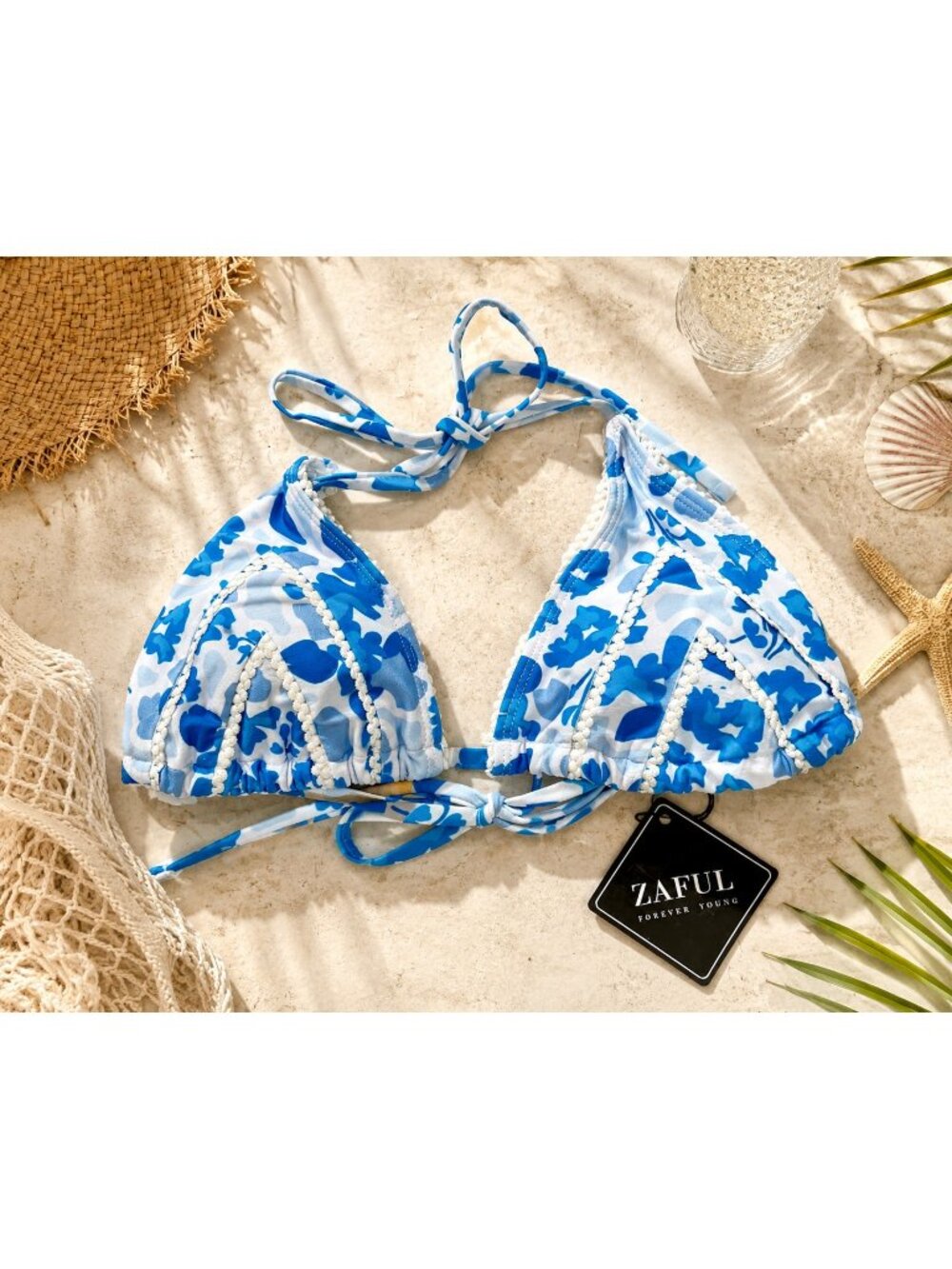 New Zaful Blue Floral Padded Triangle Bikini Top ONLY Womens Size 4 Tie Closure